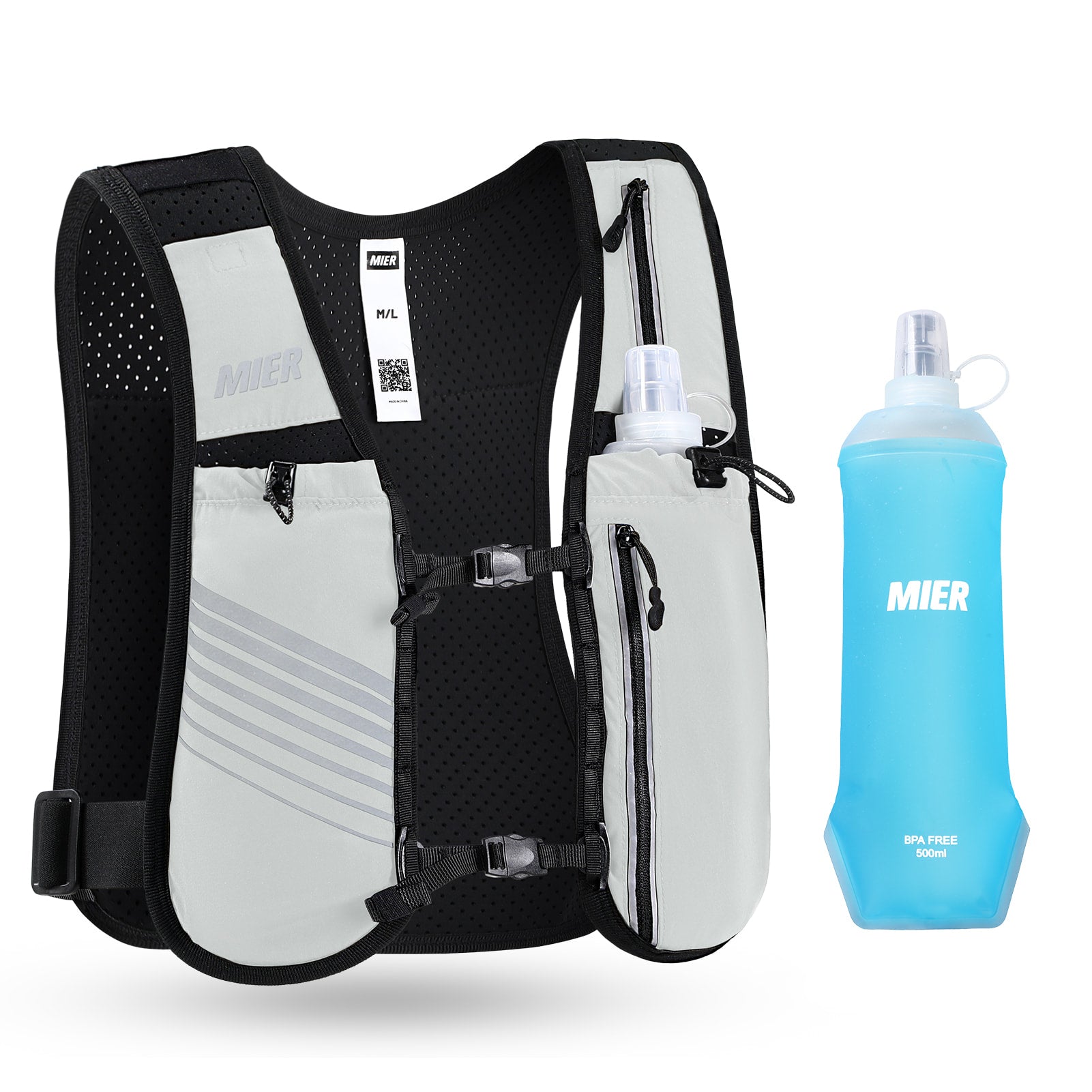 MIER Running Hydration Vest with 500ml Soft Flask Lightweight Reflective Vest Backpack for Women Men Running Vest Gray / XS-S