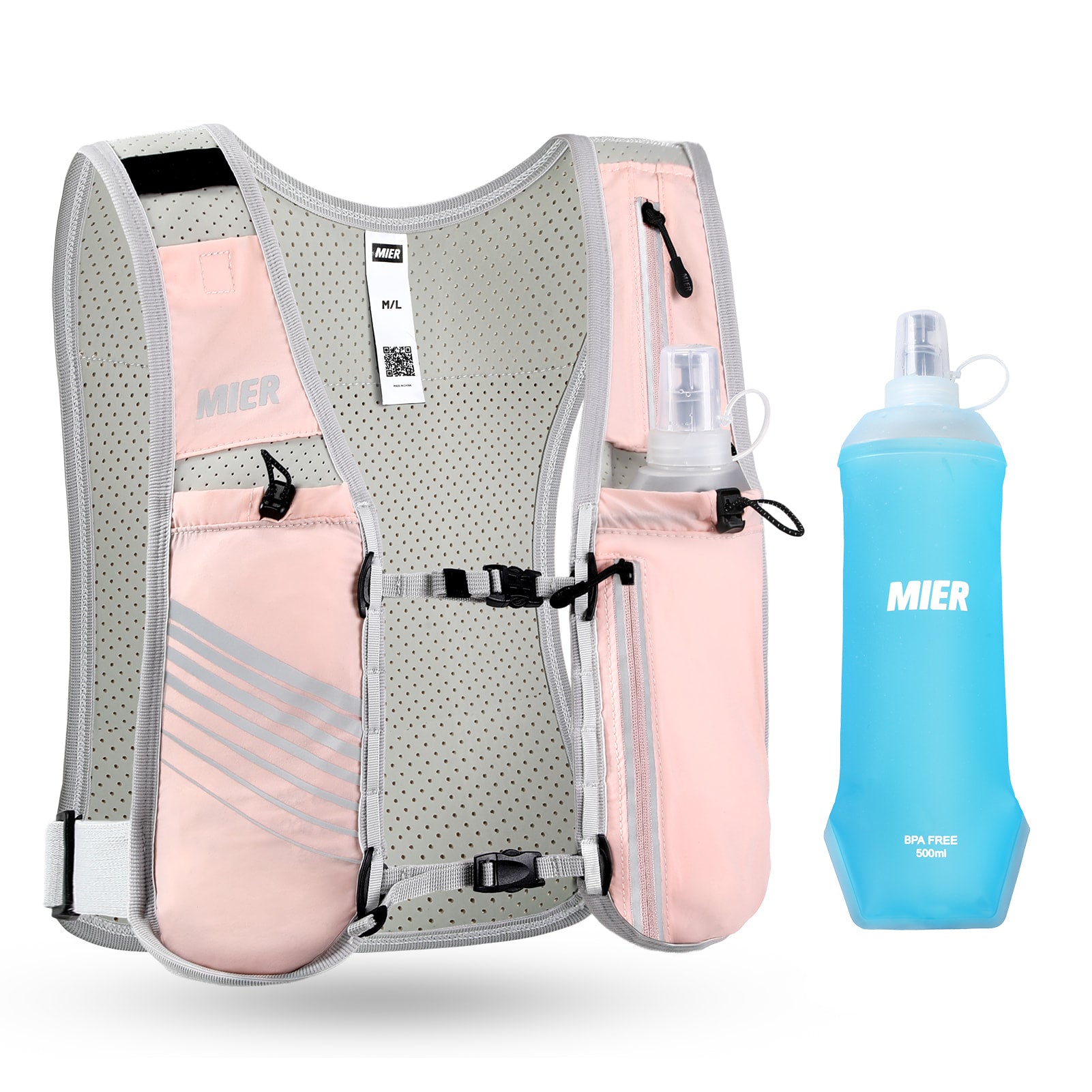 MIER Running Hydration Vest with 500ml Soft Flask Lightweight Reflective Vest Backpack for Women Men Running Vest Pink / M-L
