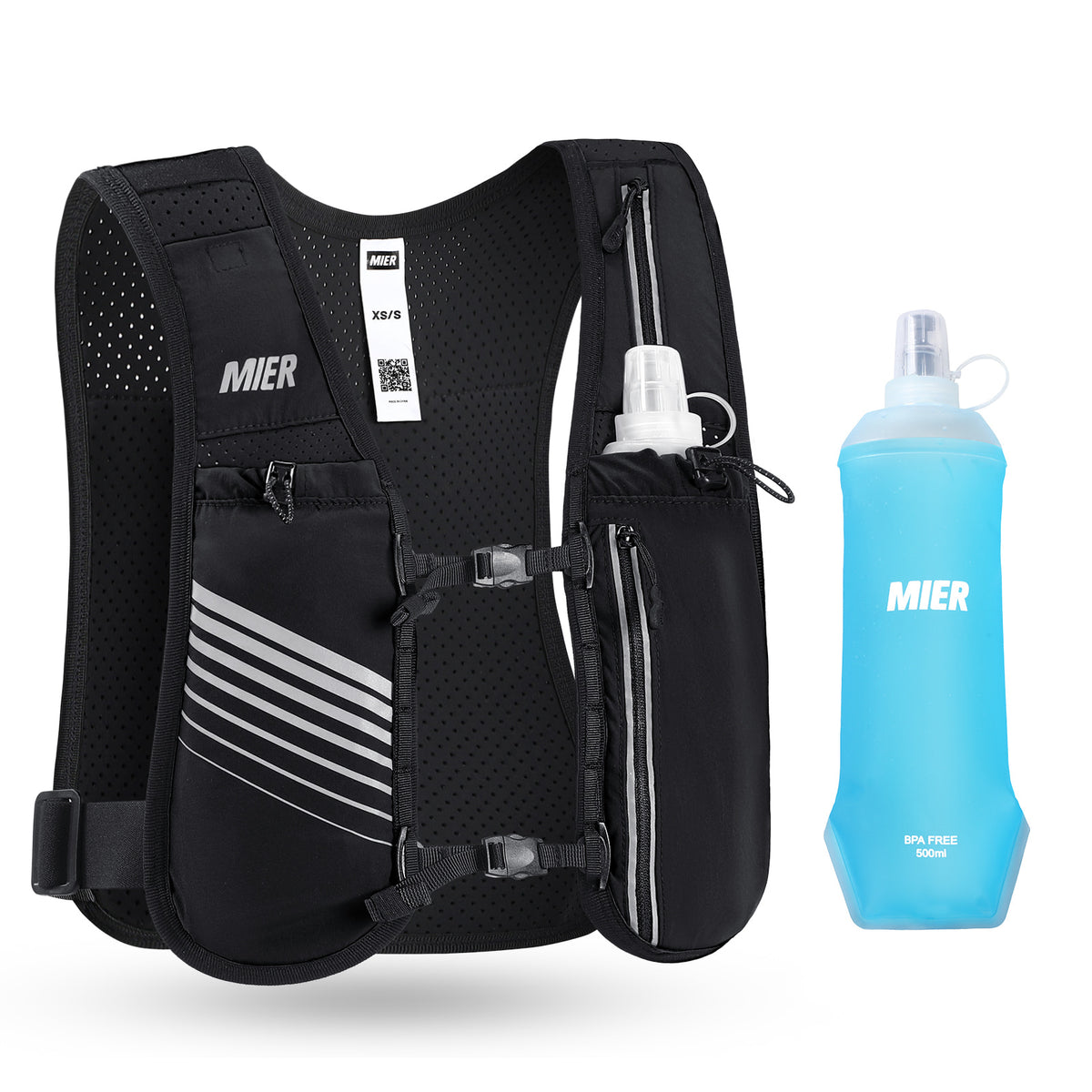MIER Running Hydration Vest with 500ml Soft Flask Lightweight Reflective Vest Backpack for Women Men Running Vest Black / XS-S