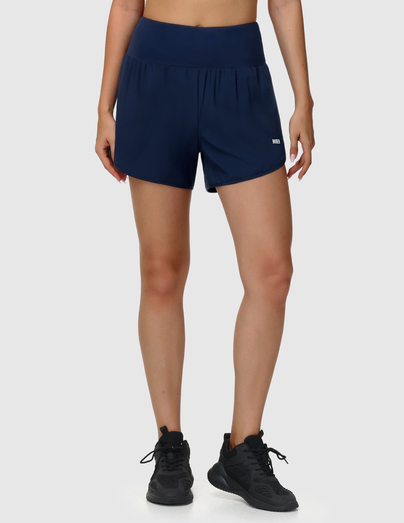 MIER Women’s 2-in-1 Running Shorts with Pockets Mid-Waist Quick Dry Athletic Shorts Women Shorts Navy / XS