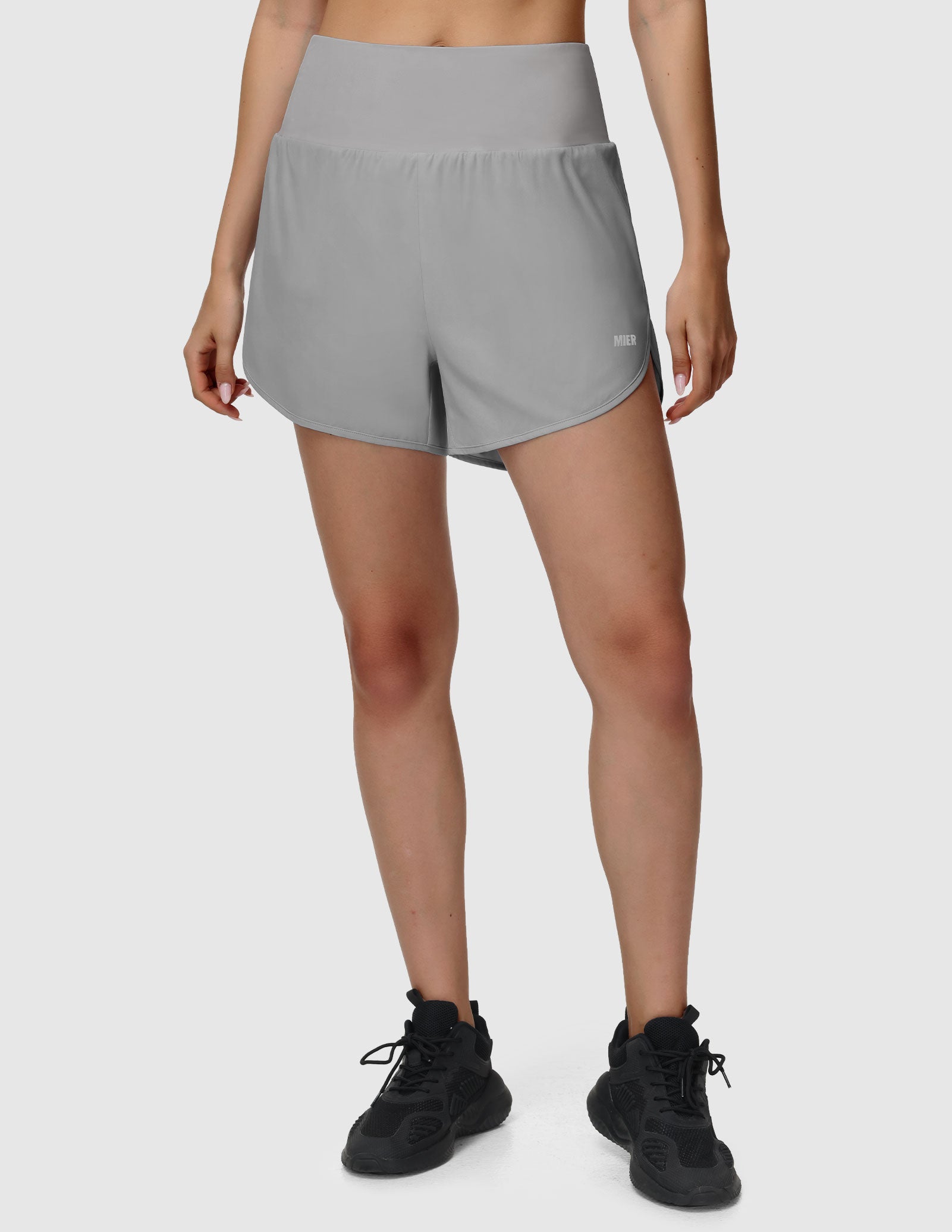 MIER Women’s 2-in-1 Running Shorts with Pockets Mid-Waist Quick Dry Athletic Shorts Women Shorts Light Grey / XS