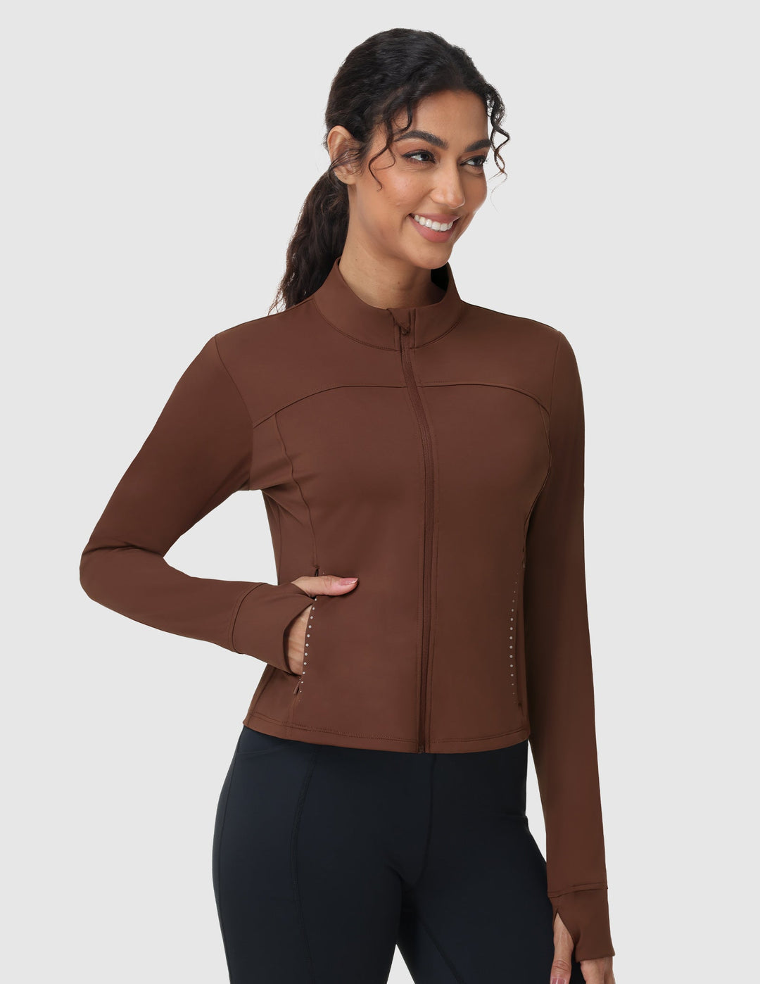 Women's Slim Fit Full Zip Workout Jacket with Zipper Pockets