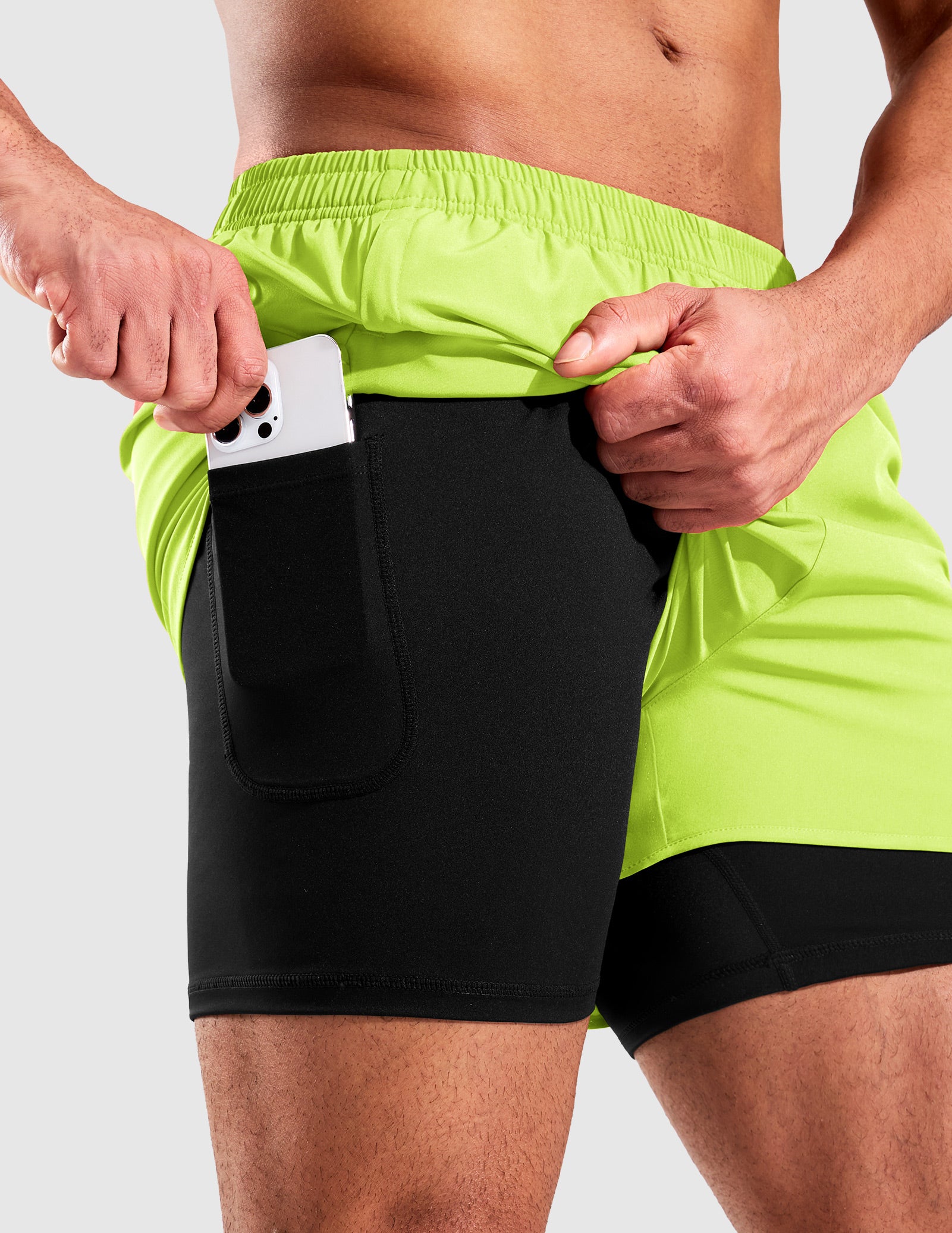 MIER Men’s 2-in-1 Running Shorts 5” Quick Dry with Compression Liner & 3 Pockets Men's Shorts Neon Green Black / S